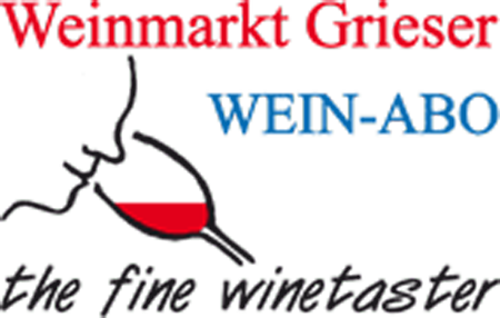 Logo "Weinmarkt Grieser" mit Text: Wein-Abo the fine winetaster. Ein stilisiertes Gesicht riecht an einem vollen Weinglas