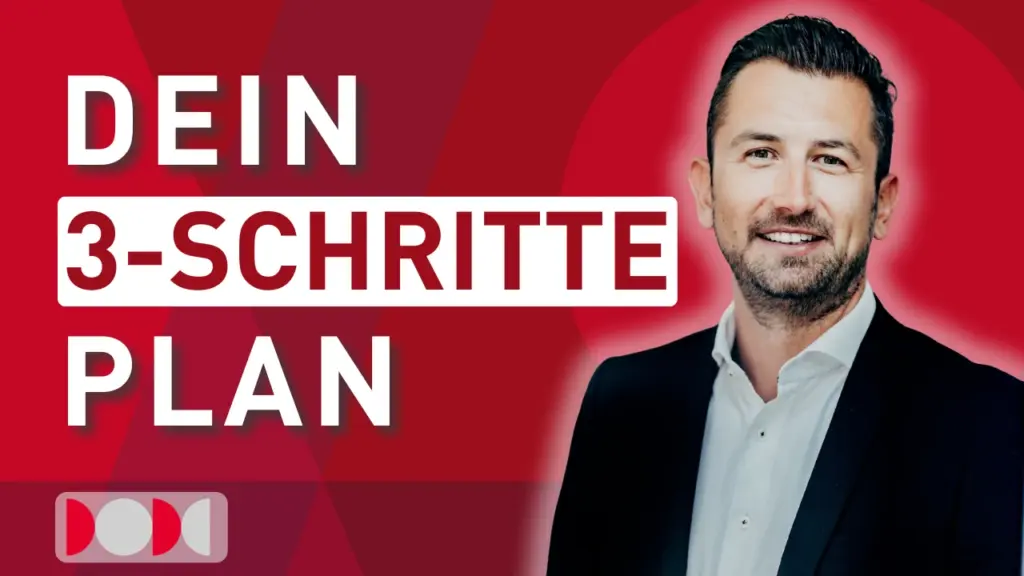 Marc Cavatoni, Geschäftsführer der nowinta Vermögensverwaltung, neben dem Schriftzug „Dein 3-Schritte-Plan“