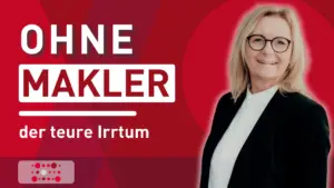 Evelyn Bogon, Immobilienberaterin bei nowinta Real Estate, neben dem Schriftzug „Ohne Makler: der teure Irrtum“