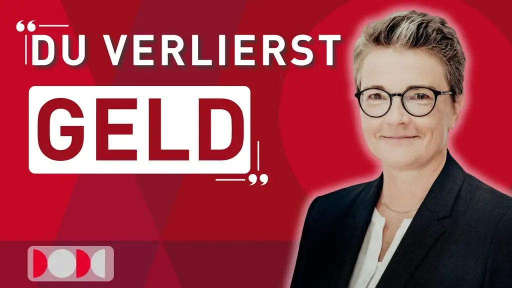 Sandra Kauffer, Finanzberaterin und Kooperationspartnerin von nowinta, neben dem Schriftzug „Du verlierst Geld“