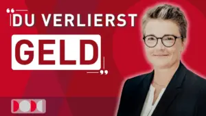 Sandra Kauffer, Finanzberaterin und Kooperationspartnerin von nowinta, neben dem Schriftzug „Du verlierst Geld“