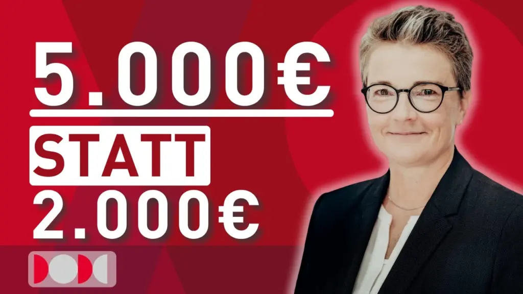Sandra Kauffer, Finanzberaterin und Kooperationspartnerin von nowinta, neben dem Schriftzug „5.000 € statt 2.000 €“