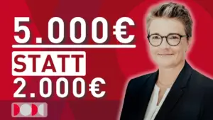 Sandra Kauffer, Finanzberaterin und Kooperationspartnerin von nowinta, neben dem Schriftzug „5.000 € statt 2.000 €“